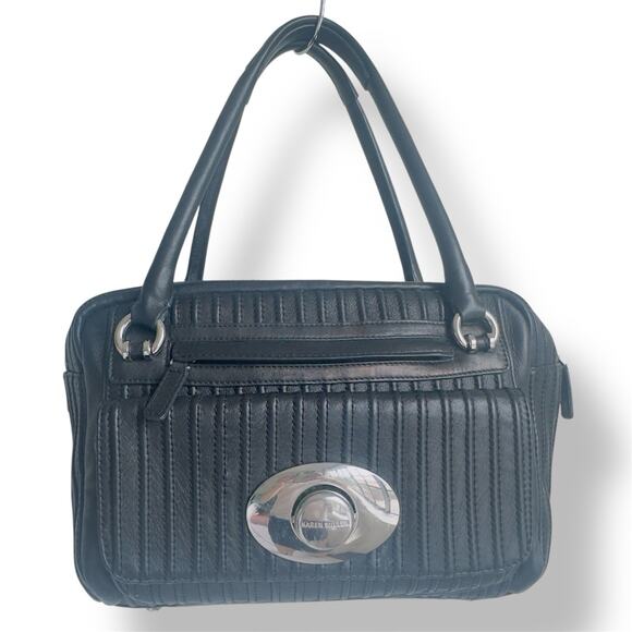 Karen Millen Black Satchel Quilted Soft Leather Top Zip Double Handled Purse EUC - Picture 1 of 13